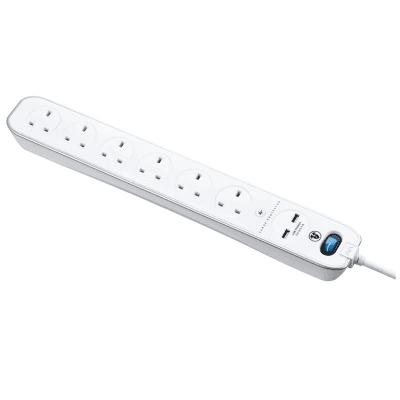 英國 MasterPlug 13A 六位插座拖板連兩位USB充電 SRGLSU63PW 3米線 白色 香港行貨